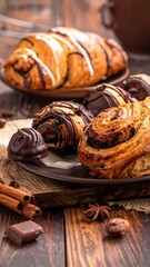 Fototapeta premium Assortment of baked goods on a rustic wooden board with spice and chocolate accents