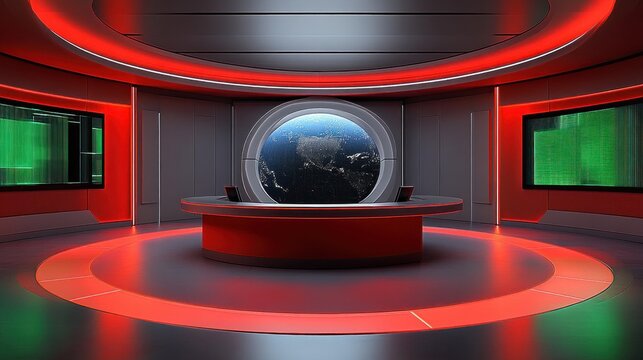 Futuristic circular news studio with glowing red and orange ring lights, high-tech control desks, digital screens, and a large window displaying Earth from space