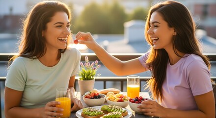 Two Friends Sharing Healthy Breakfast on Sunny Balcony