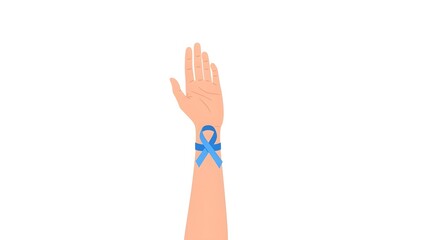 Awareness symbol of a blue ribbon on a wrist, representing support, hope, and solidarity for important causes, in a clean, minimalist design.