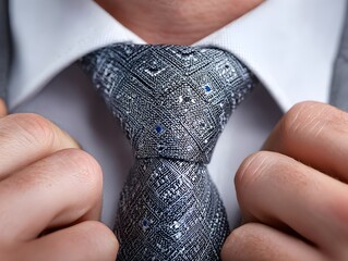 A man is adjusting his gray patterned tie with a white collared shirt getting ready for a formal event.