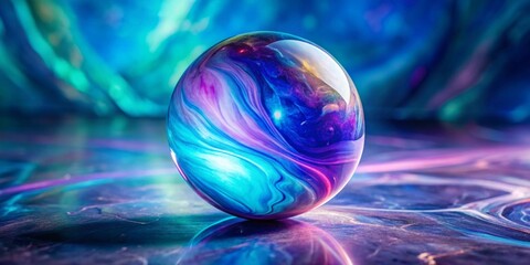 A luminous sphere with swirling abstract patterns rests on a vibrant, reflective surface, creating a captivating interplay of light and color