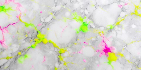 Abstract Bright Neon Paint Splashes on a Gray Marble Background, a Vibrant and Energetic Texture