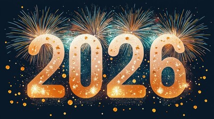 Glowing golden numbers 2025 with decorative stars and sparks in front of colorful fireworks on a dark background, celebrating a festive event