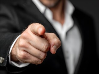 Fototapeta premium Businessman in suit points directly at the camera with finger, suggesting recruitment or making selection.
