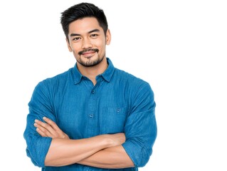 Fototapeta premium A handsome Asian man with a slight smile confidently poses with his arms crossed on a clean white background.
