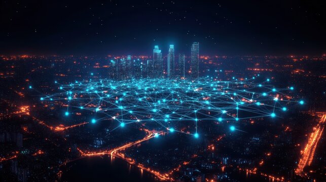 Night aerial view of a futuristic cityscape illuminated by orange street lights with a glowing blue network grid overlayed, connecting various points across the city under a starry sky