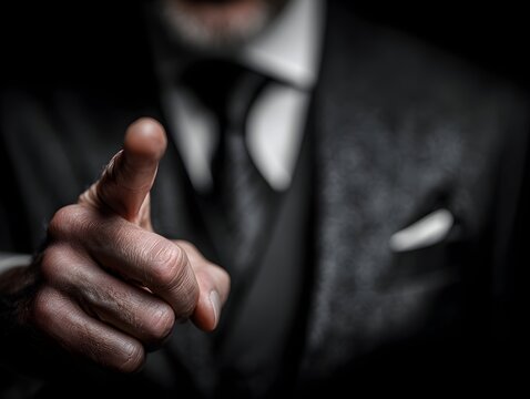 A formally dressed businessman dramatically points forward with his finger in a close up portrait in darkness.