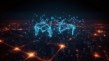 Digital network of glowing blue nodes and lines forming a world map above a dark cityscape illuminated with orange street lights at night
