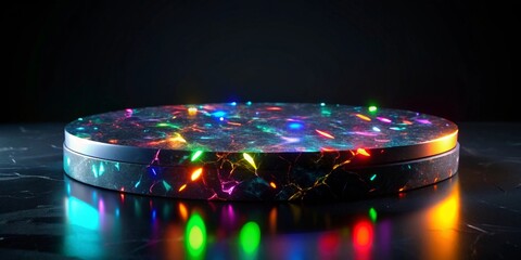 Illuminated Circular Pedestal with a Cracked Marble Texture and Vibrant Neon Accents on a Dark Reflective Surface