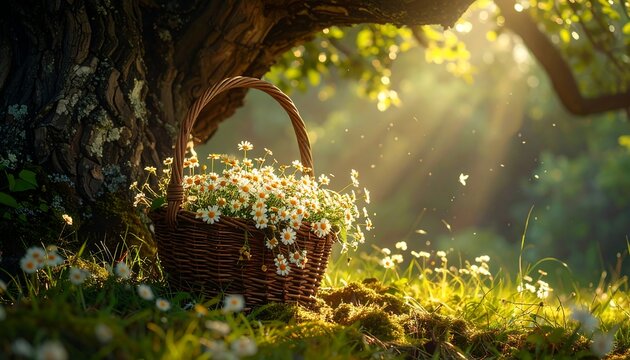 A woven basket brimming with flowers in a sunlit meadow, under a large tree - Powered by Adobe