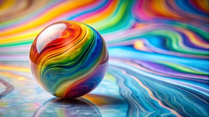A vibrant sphere rests on an abstract, swirling, colorful surface, exhibiting a captivating interplay of light and shadow