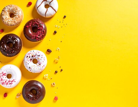 Assorted donuts with various toppings displayed on bright yellow background, left justified