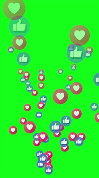 Social media reaction icons animation on green screen. Floating like and heart symbols rising upward, creating engaging, interactive, and vibrant notification-style visual