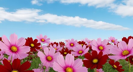Vibrant field of pink and red cosmos flowers under a bright blue sky with fluffy white clouds, perfect for spring or summer designs