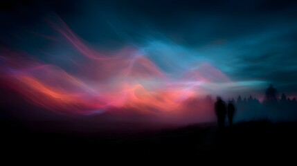 Ethereal aurora like lights with vibrant colors dance across the night sky illuminating silhouetted figures on a mystical landscape at twilight