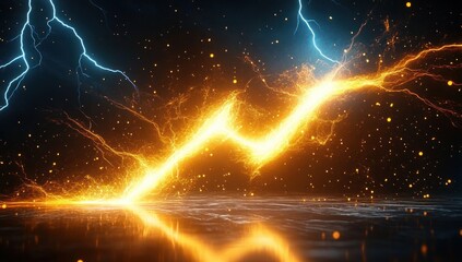Bright glowing golden lightning bolt with sparks and energy effects against a dark background with blue lightning flashes, reflecting on a wet surface