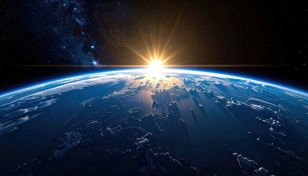 Stunning sunrise over planet Earth with glowing city lights and starfield in deep space
