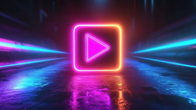 Glowing neon play button icon in vibrant pink and orange set on a reflective wet surface with blue and purple neon light streaks in a dark futuristic tunnel