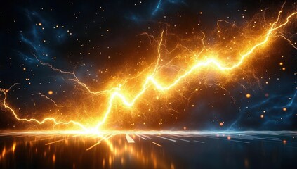 Bright golden lightning bolt striking down with electric sparks against a dark blue and black cosmic background with reflective surface below