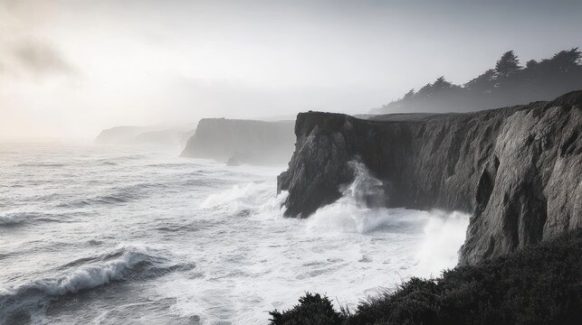 Rough ocean waves crashing against tall rocky cliffs under a misty sky with dark trees lining the cliff tops