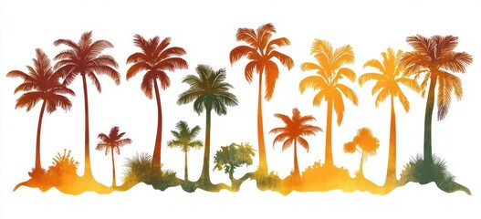 Obraz premium silhouettes of tall palm trees and smaller tropical plants in gradient shades of orange green and yellow on a white background