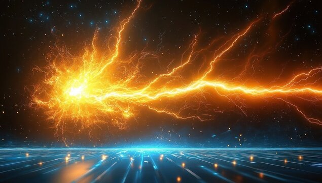 Bright orange electric energy beam striking a futuristic glowing blue digital grid with sparks and particles in a dark space environment