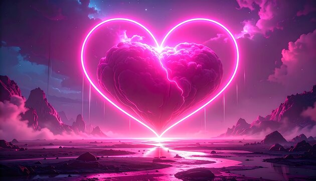 Glowing neon heart illuminates a surreal pink landscape with reflective water