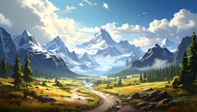 A vibrant landscape painting with snow-capped mountains and a winding path