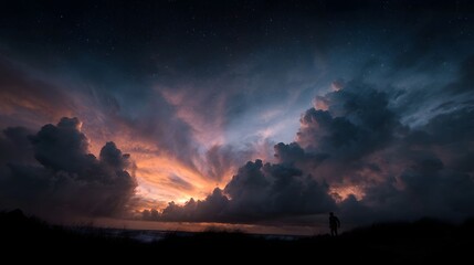 Fototapeta premium A lone silhouette stands on a hill watching a dramatic colorful sunset with stars visible in the twilight sky