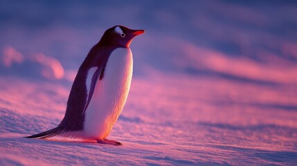 Majestic penguin standing gracefully on snowy landscape amid colorful sunrise casting soft light on frozen terrain