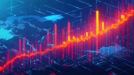 Digital abstract visualization of a rising financial chart with glowing orange and red bars and lines over a blue world map background symbolizing global economic growth and data analysis