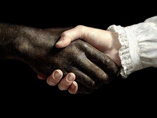 Fototapeta premium A light skinned hand warmly grasps a dark skinned hand in a show of unity and racial reconciliation.