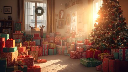 Radiant holiday scene with a towering christmas tree and abundant gifts