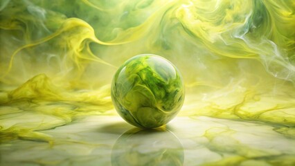 A vibrant green sphere rests serenely amidst swirling, ethereal yellow and green smoke, creating a mesmerizing abstract composition.
