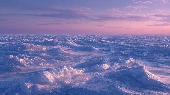 A vast, icy landscape under a pastel sky. Jagged, frozen formations stretch to the horizon, reflecting the soft, diffused light
