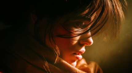 Intense Portrait of Woman in Soft Light with Dramatic Shadows and Warm Tones, Capturing Emotion and Depth