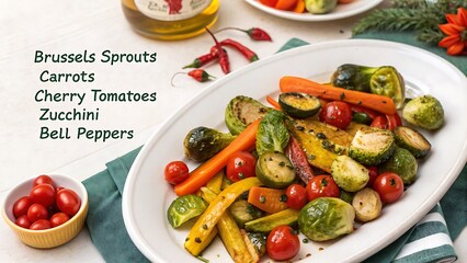 Roasted brussels sprouts carrots cherry tomatoes zucchini and bell peppers