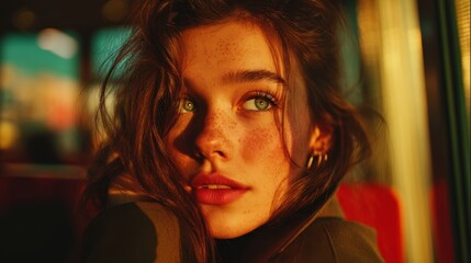 Captivating Close-Up Portrait of a Young Woman with Freckles and Beautiful Eyes in Warm Lightening Environment