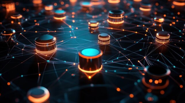 Abstract digital network nodes connected by glowing lines with teal and orange lighting on a dark futuristic surface
