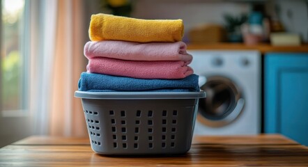 Stack of neatly folded colorful towels in a laundry basket on a wooden table with washing machine and home interior in the background giving a clean and organized feeling