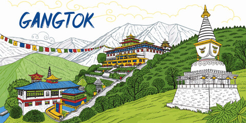 Gangtok Skyline Sketch with Cultural Touch &ndash; Hand-Drawn Line Art Featuring Rumtek Monastery, MG Marg, Hanuman Tok and Himalayan Mountains for Sikkim Tourism Use