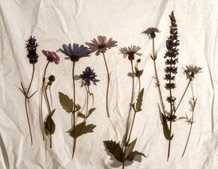 Naklejka premium Assorted pressed wildflowers, purple, pink, white, and blue, laid on wrinkled white cloth