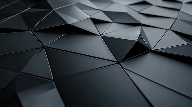 Close-up of matte and glossy black geometric triangular tiles arranged in a seamless abstract pattern with sharp edges and subtle light reflections - Powered by Adobe