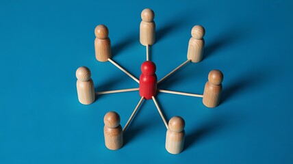 A central red figure symbolizing a leader connecting and managing a team network