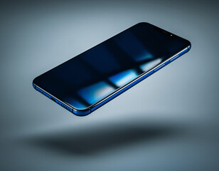 A sleek, modern smartphone mock-up with a reflective, deep blue screen and metallic casing is shown floating. The professional studio shot against a dark grey background emphasizes the device's glossy