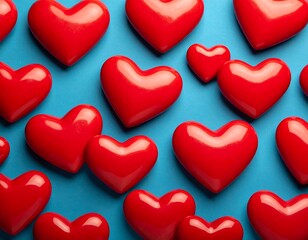 Fototapeta premium Assorted red hearts scattered across a solid teal background, creating a vibrant pattern