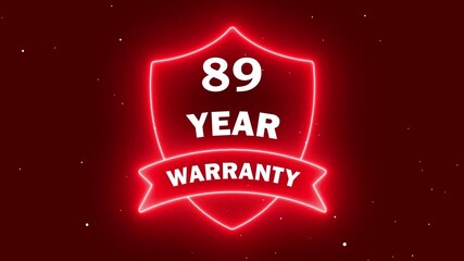 Glowing Protection Shield. Neon 89 year warranty with shield icon animation on red background. Business product quality concept. 89 years warranty label badge design animation.