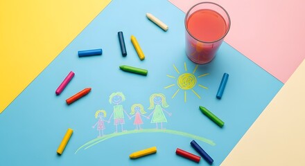 Happy family drawing with colorful crayons, a refreshing drink, and a bright sunny day, celebrating togetherness and love