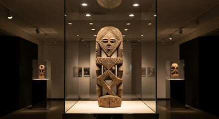 Carved wooden sculpture possibly African showcased in glass display case within a museum setting
